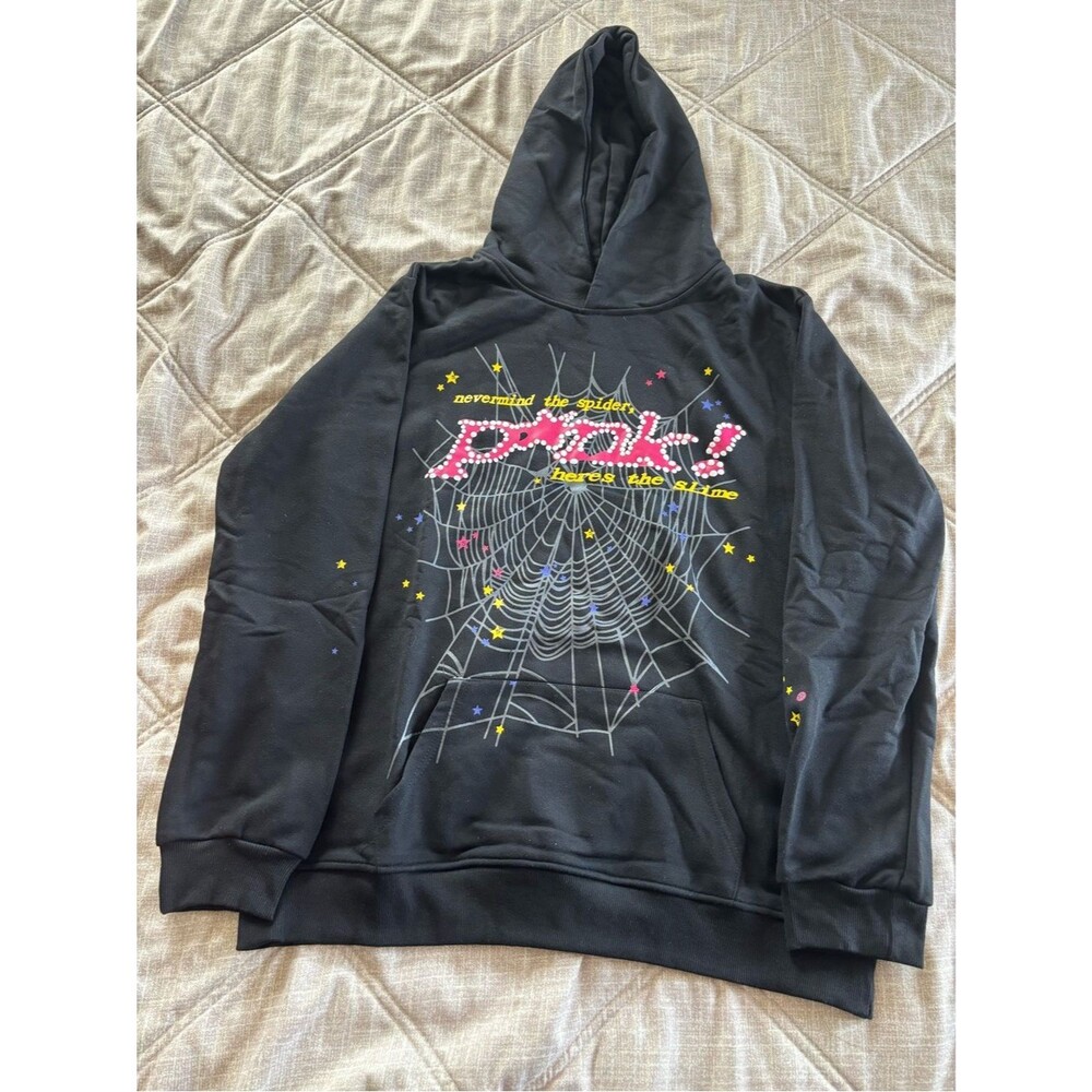 Sp5der Worldwide: Men’s Black/Pink Hoodie - Size L